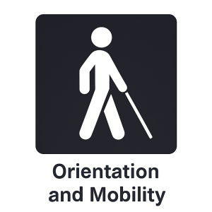 Figure of person and white cane against a black background