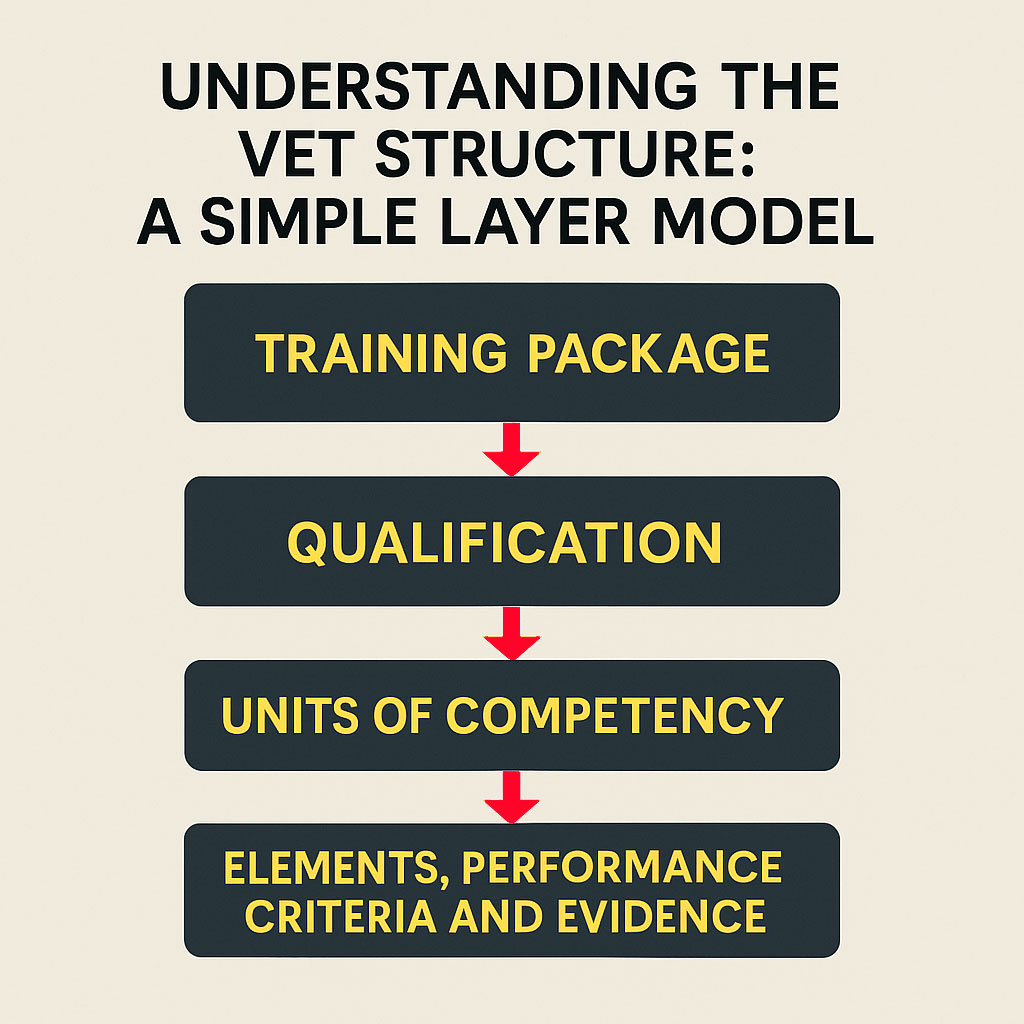 1. Training Package, 2. Qualification, 3. Units of Competency and 4. Elements, Performance Criteria and Evidence