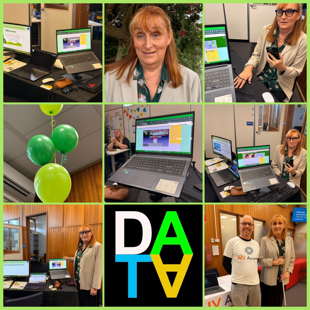 Collage of table, balloons, display, computers, Elise. Full description below