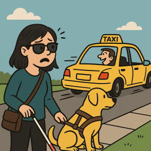 Taxi driving off from a woman with Guy dog